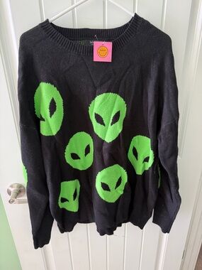 Dressed in LALA Black Crewneck Sweater with Neon Green Alien Faces